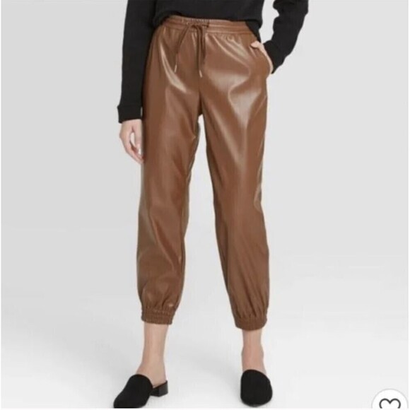 NEW A New Day Vegan Brown Leather Jogger Pull On Elastic Waist Pants Size Small - Picture 1 of 13
